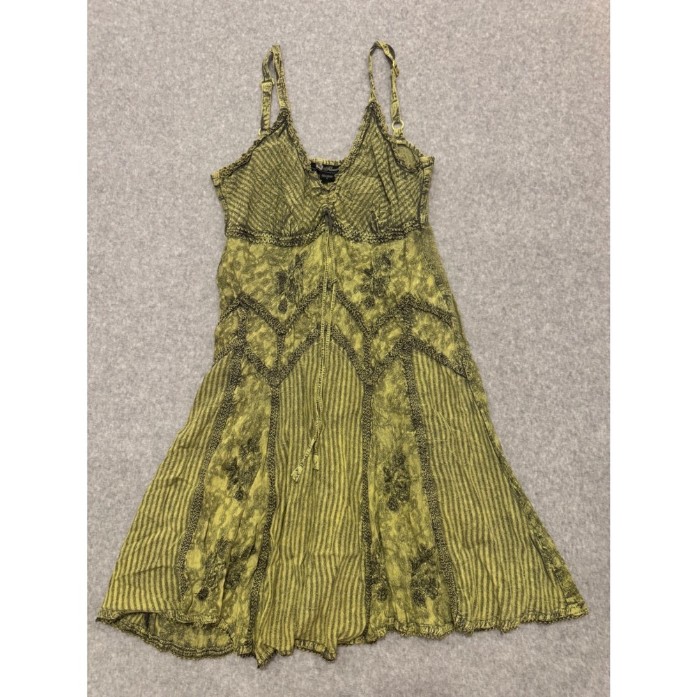 Flower Green Acid Wash Embroidered Boho Midi Dress Womens L Fairycore Y2K